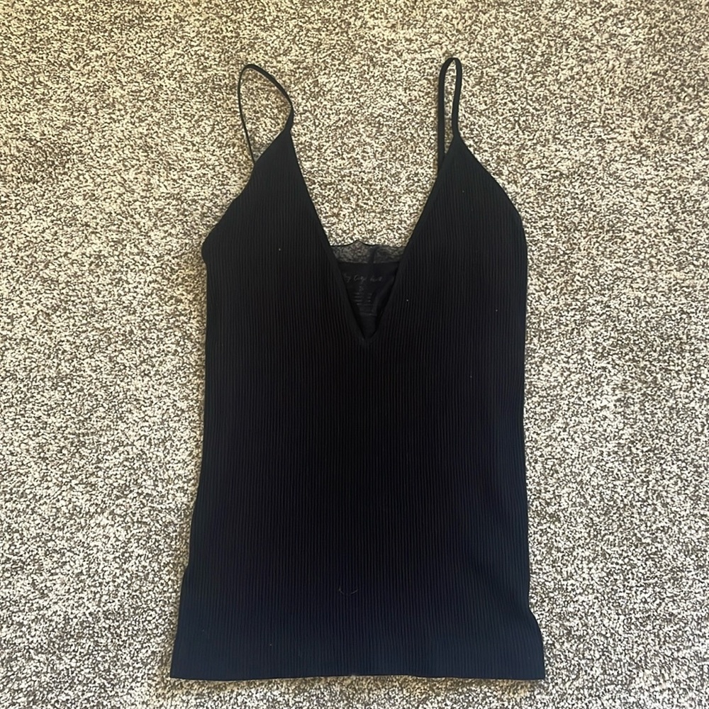 Black V-Neck Tank Top with Mesh Panel